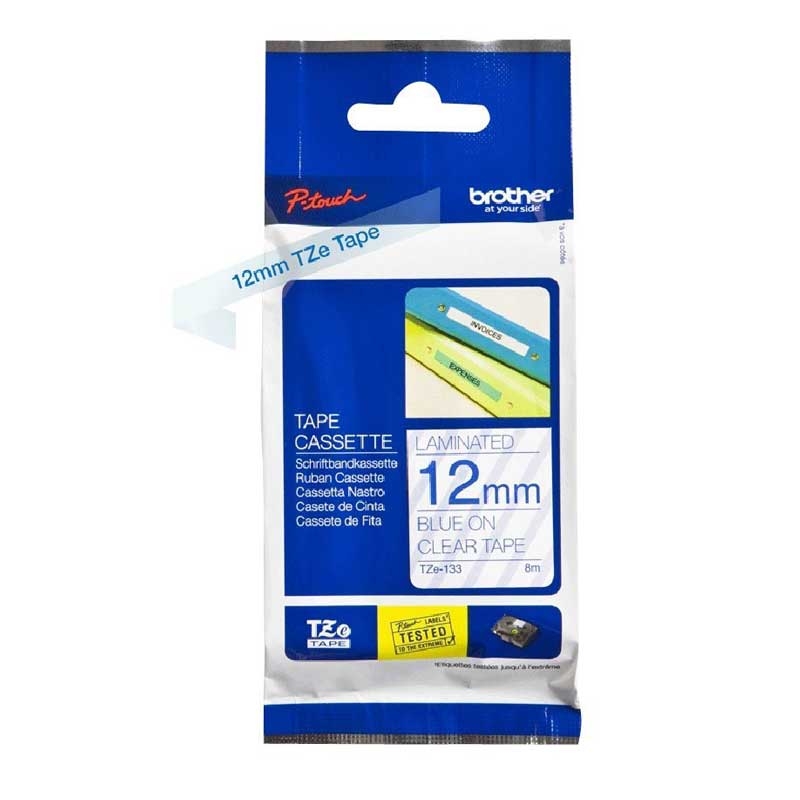 Brother TZe-133 P-touch Schriftband 12 mm blau auf transparent