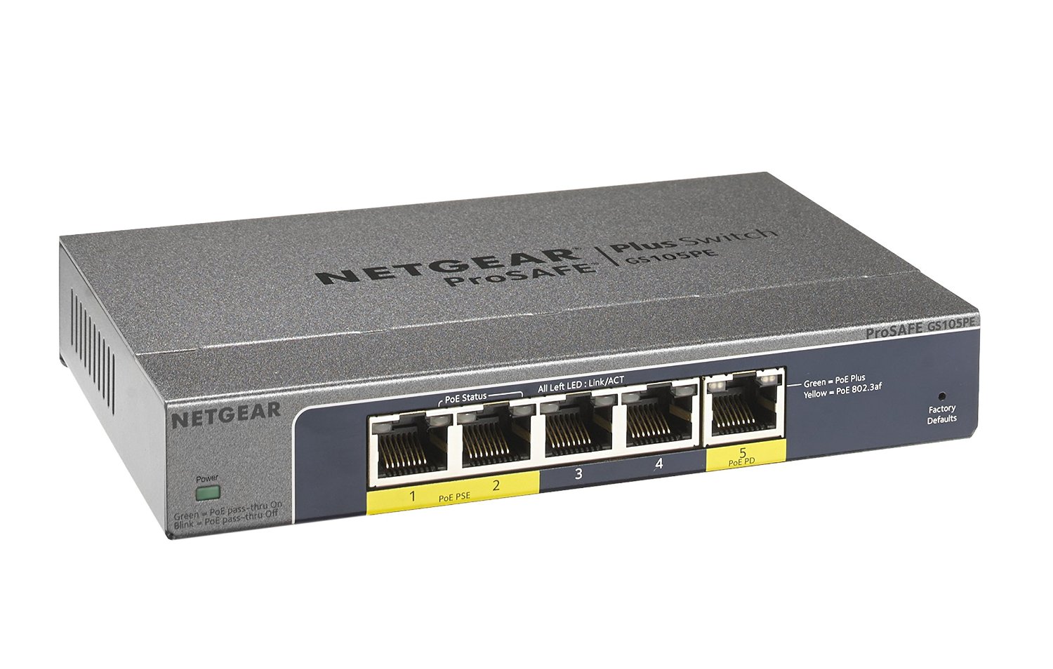 NETGEAR ProSAFE GS105PE 5-Port PD Pass-through Gigabit Web Managed (Plus) Switch (GS105PE-10000S)