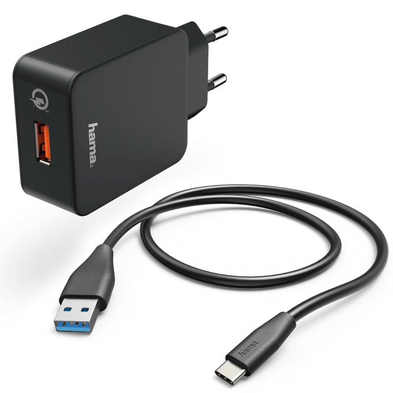 Hama Ladeset, USB-Type-C, 3 A, Ladegerät QC 3.0 + USB-C-Kabel, 1,5m, Schwarz