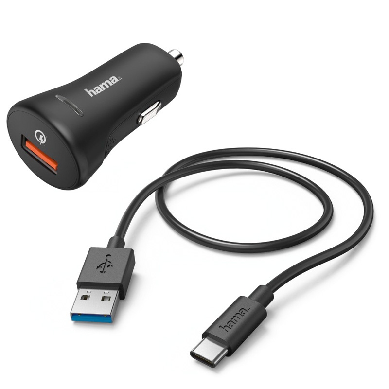 Hama Kfz-Ladeset, USB Type-C, 3 A, Ladegerät QC 3.0 + USB-C-Kabel, 1,5m, Schwarz