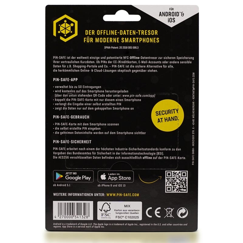 PIN-Safe NFC offline Daten-Tresor für Android & iOS inkl 2. Karte