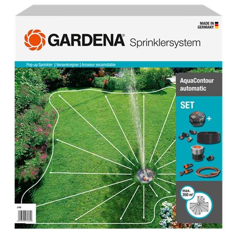 GARDENA 2708-20 Sprinklersystem Komplett-Set mit Vielflächen-Versenkregner AquaContour automatic
