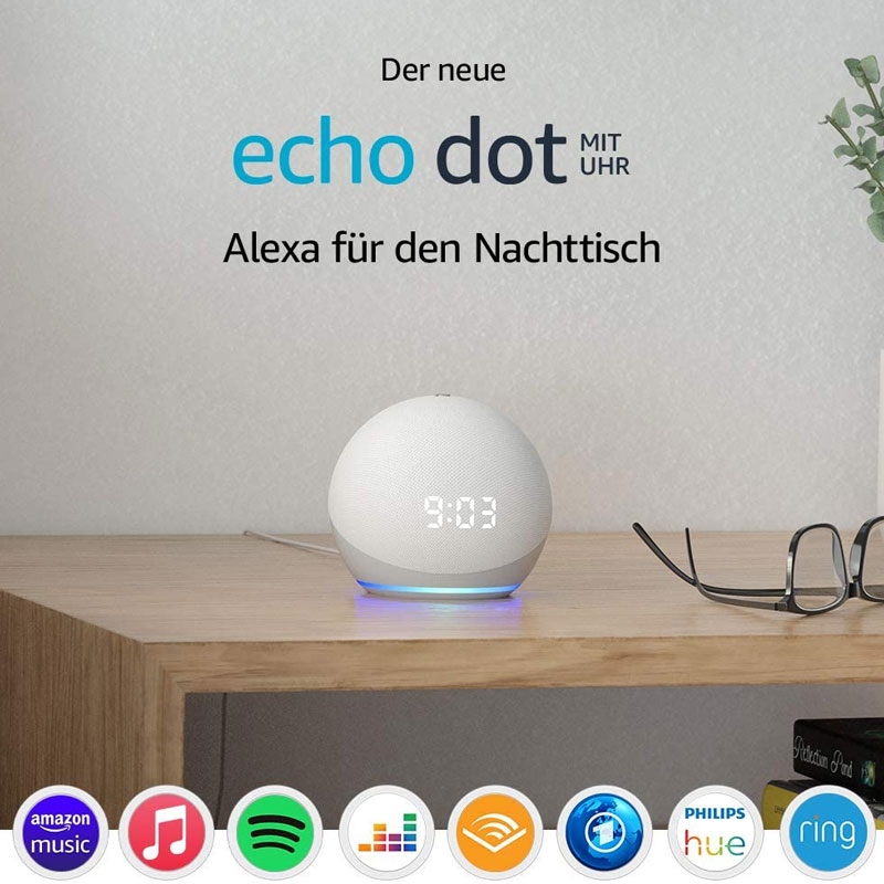 Amazon Echo Dot (4. Generation) Smarter Lautsprecher mit Alexa weiß mit Uhr