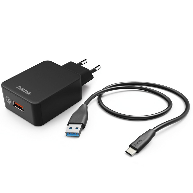 Hama Ladeset, USB-Type-C, 3 A, Ladegerät QC 3.0 + USB-C-Kabel, 1,5m, Schwarz