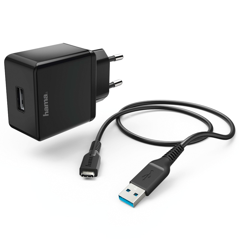 Hama Ladeset, USB Type-C, 2 A, Ladegerät + USB-C-Kabel, 1 m, Schwarz