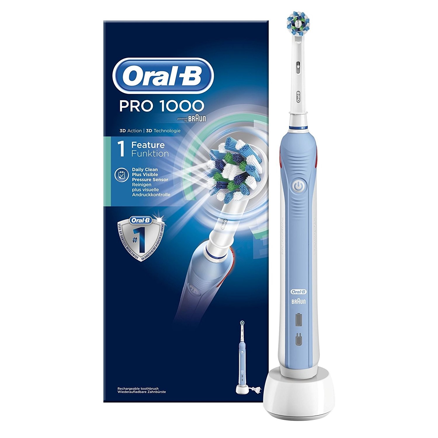 Oral-B Pro 1000 Elektrische Zahnbürste, mit Timer, Andruckkontrolle und CrossAction Aufsteckbürste, weiß/blau
