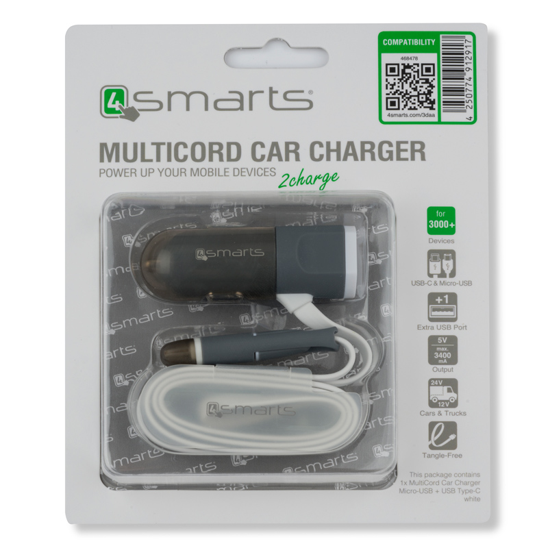 4smarts Micro-USB / USB Type-C 1m KFZ-Ladegerät Ausstellungsgerät