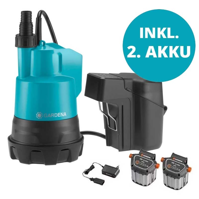 GARDENA Akku-Klarwasser-Tauchpumpe 2000/2 Li-18 (inkl 2 Akkus) Ready-To-Use Set