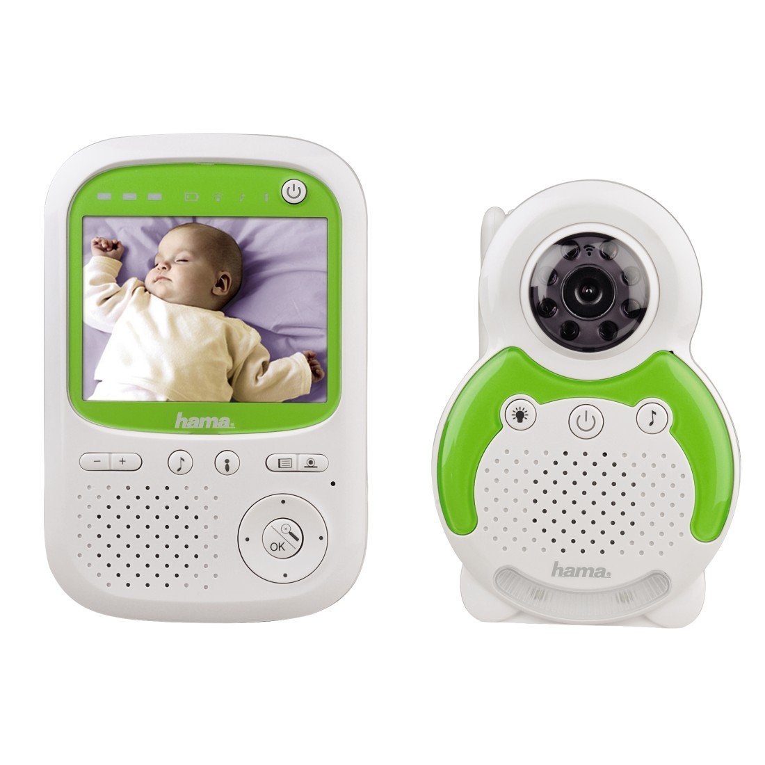 Hama Babyphone mit Kamera BM150 (Reichweite 300 m, Gegensprechfunktion, 5 Schlaflieder, Nachtlichtfunktion) weiß/grün