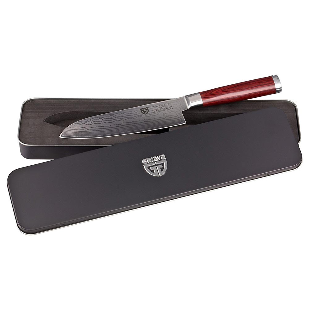 Gräwe Damaszener Santokumesser mit Hartholzgriff 17,5 cm Kochmesser 2. Wahl Qualitätsprodukt