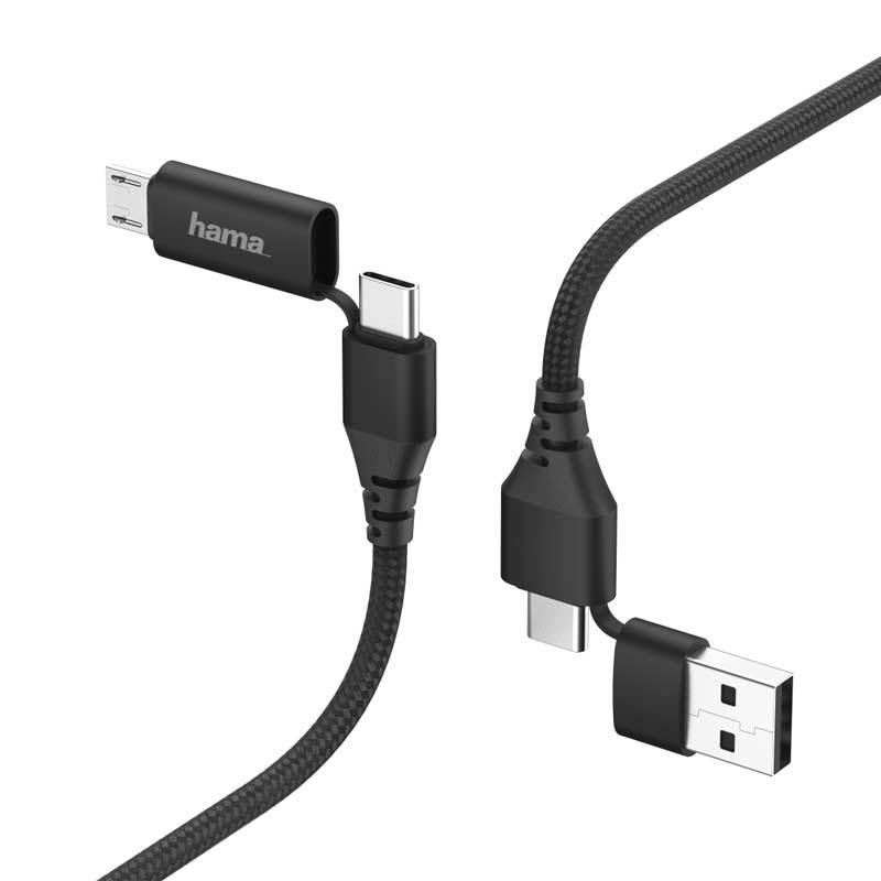 Hama 4in1-Type-C-Kabel mit Micro-USB- und USB-A-Adapter, 1,5 m, Schwarz