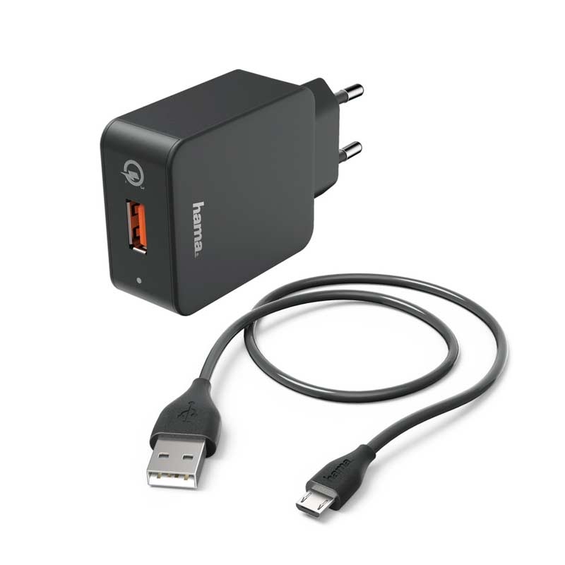 Hama Ladeset, Micro USB, 3 A, Ladegerät QC 3.0 + Micro-USB-Kabel, 1,5 m, Schwarz