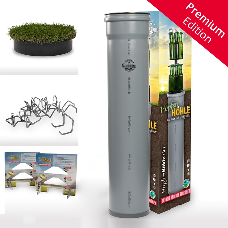 HopfenHöhle LIFT Premium mit halbautomatischem Hebesystem und Kunstrasendeckel und Hopfen-Bügel