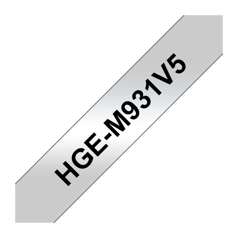 Brother P-touch HGEM931V5 Schriftbandkassette 12mm x 8m laminiert 5 Stück, silber mattschwarz