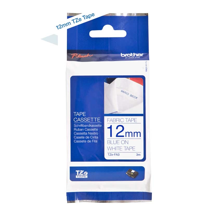 Brother TZe-FA3 P-touch Schriftband blau auf weiss Textil 12mm